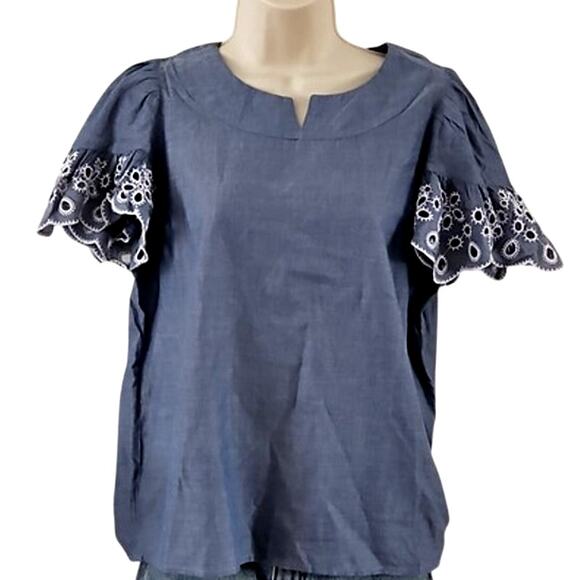 Isaac Mizrahi Live! Cotton Lawn Split Neck Embroidered Blouse size XS NWOT - Picture 2 of 7